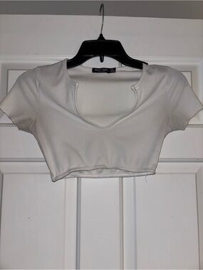 Nasty Gal Cream Ribbed Cutout Crop Tee